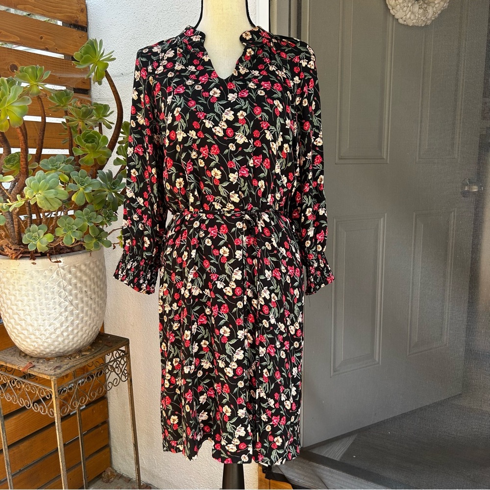 Draper James Shift Dress Belt Modest Lined Black Multi Floral Red Green Size S